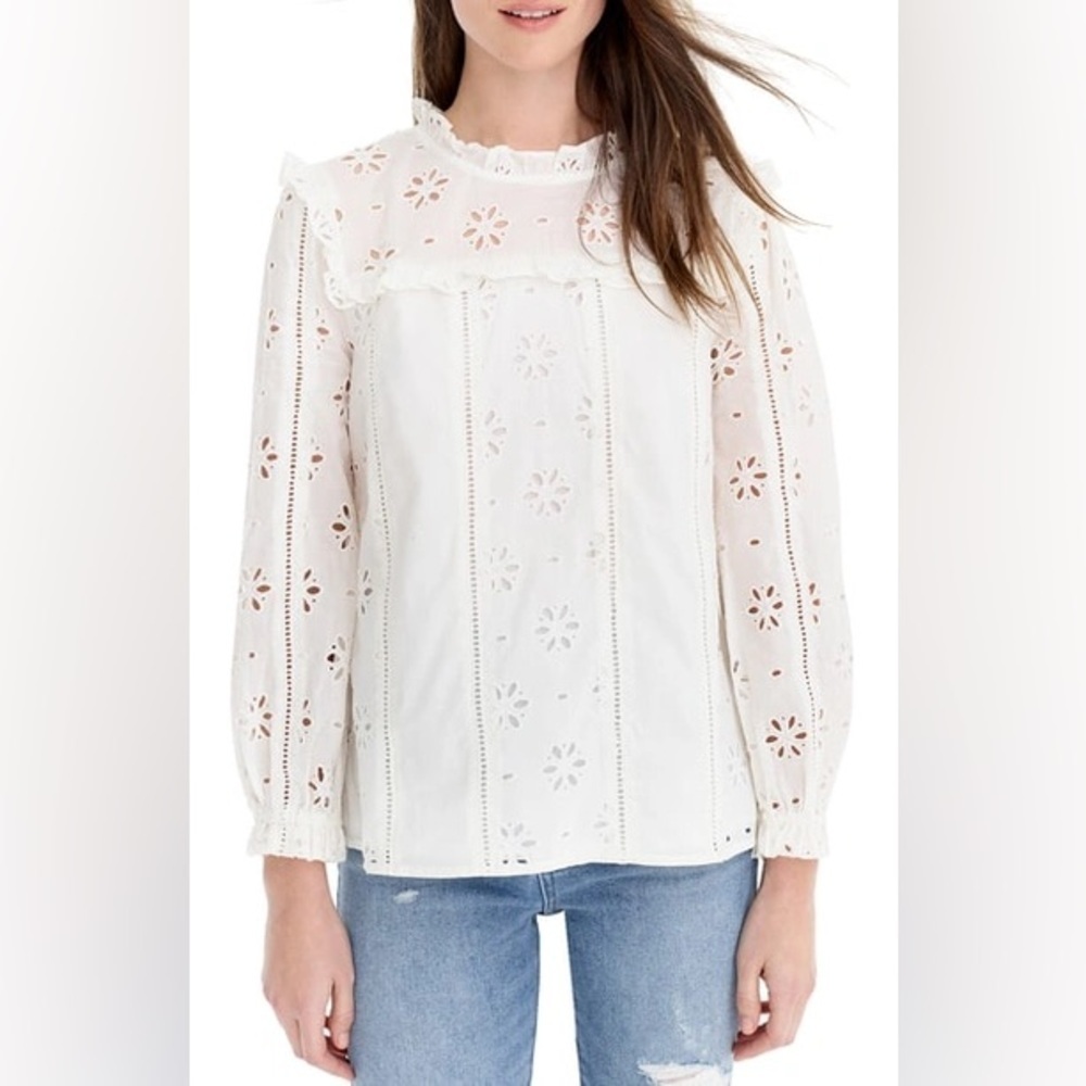 J. Crew Eyelet Blouse Top Long Sleeve Ruffle Mock Neck Floral Lattice Ladder